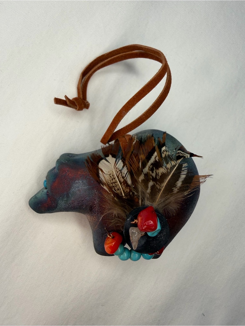 Raku Pottery Spirit Bear Fetish w Feathers & Beads By Jeremy Diller Zuni